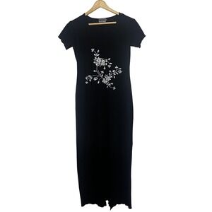 Urban Logic Y2K Dress Womens M Black‎ Maxi Floral Lettuce Hem Asian Whimsigoth